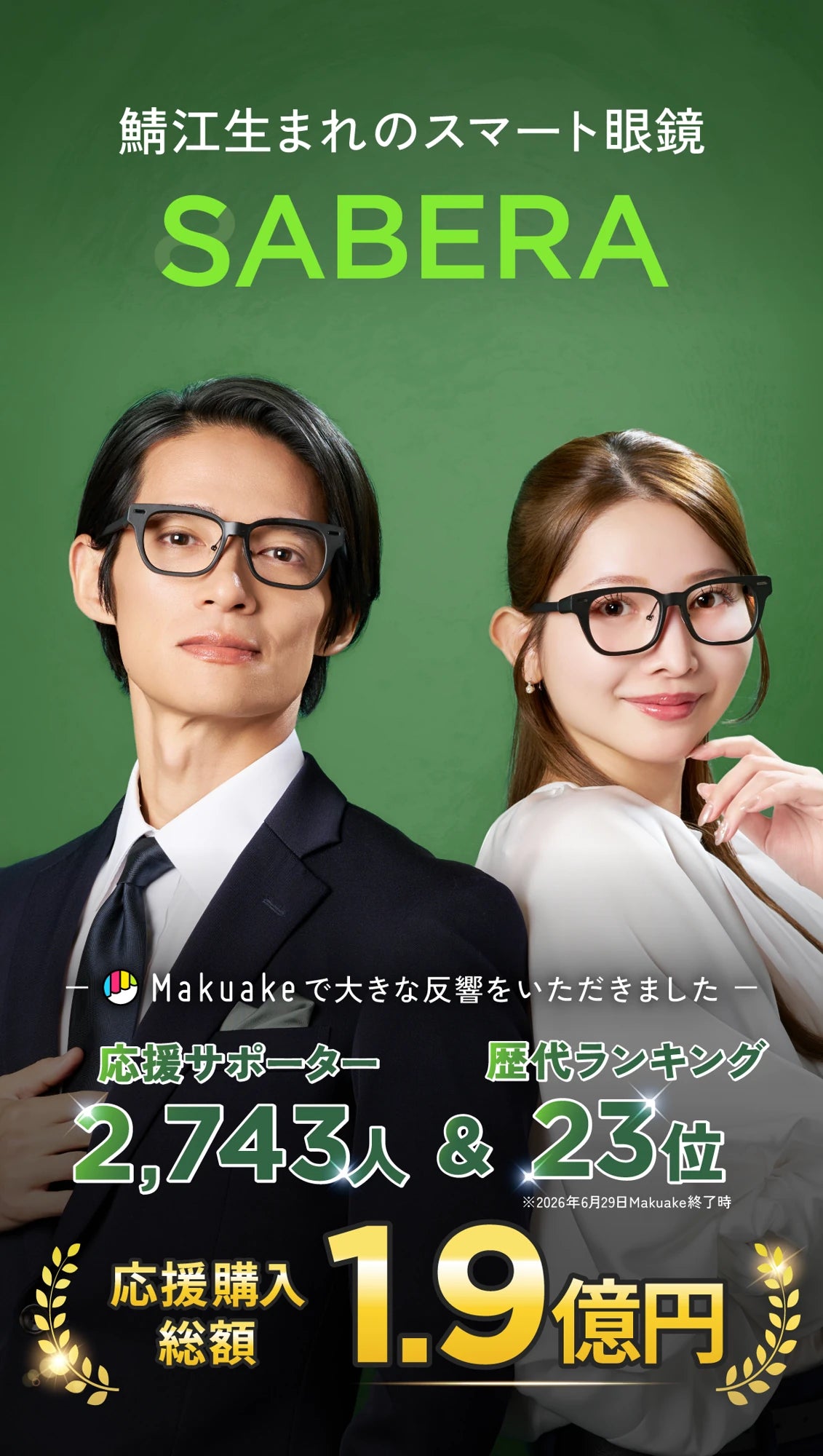 鯖江生まれのスマート眼鏡 SABERA。Makuake応援購入総額1.9億円突破。