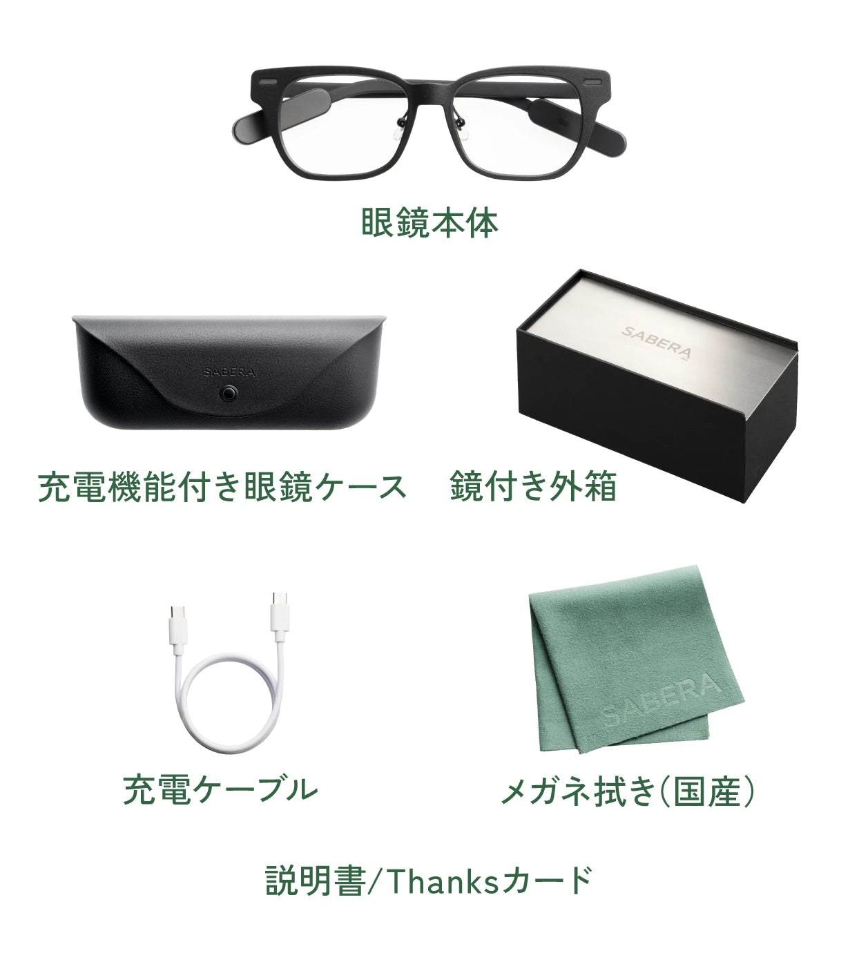 同梱物：眼鏡本体、充電機能付き眼鏡ケース、鏡付き外箱、充電ケーブル、メガネ拭き、説明書、Thanksカード